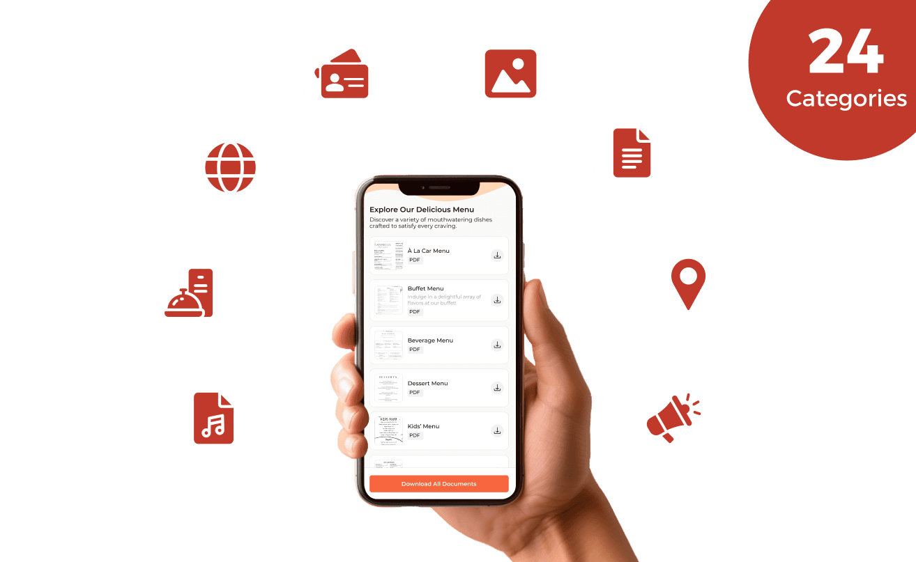 Choose from 24 diverse categories like Website URL QR Code, PDF QR Code, Image QR Code, Product QR Code, App Store QR Code, Event QR Code, Audio QR Code, and more.
