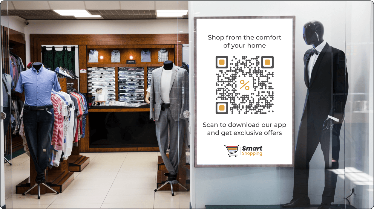 Bannière de magasin de vêtements avec un code QR pour télécharger l'application, améliorer l'accessibilité.