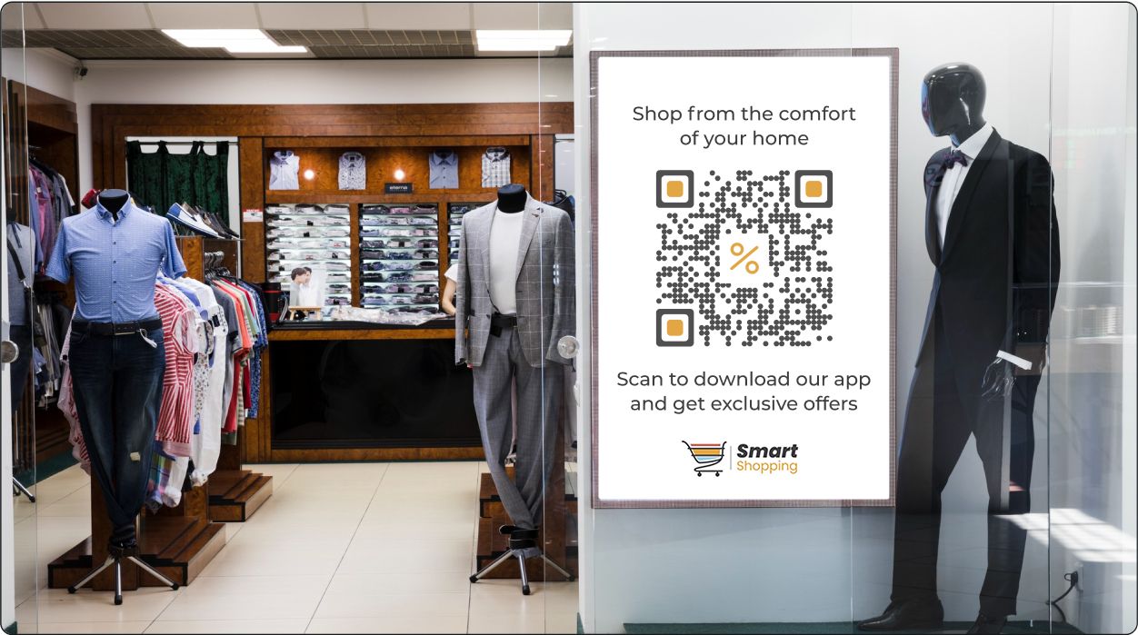 Bannière de magasin de vêtements avec un code QR pour télécharger l'application, améliorer l'accessibilité.