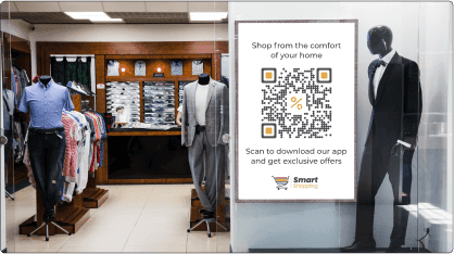 Banner des Bekleidungsgeschäfts mit einem QR -Code zum Herunterladen der App und der Verbesserung der Zugänglichkeit.