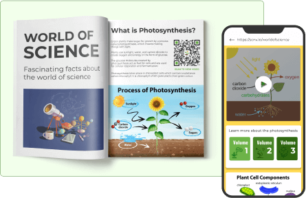 Ein wissenschaftliches Buch links zu einem Photosynthese -Video, das den Schülern schnelle und interaktive Ressourcen über eine QR -Codelösung bietet.