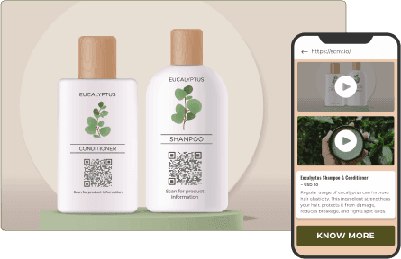 Shampoo- und Conditioner -Flaschen mit QR -Codes, die QR -Code -Lösungen für detaillierte Produktinformationen präsentieren.