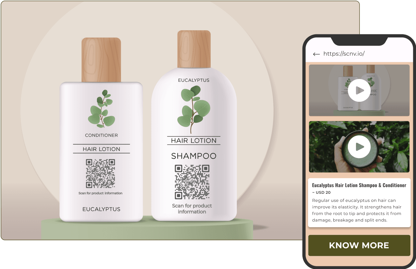 Bouteilles de shampooing et de revitalisant avec des codes QR, présentant des solutions de code QR pour des informations détaillées sur les produits.