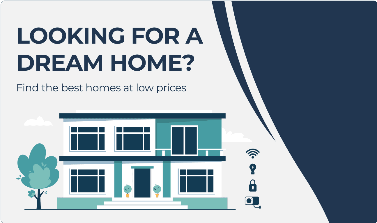 Affiche de promotion immobilière avec une maison et un code QR pour accéder aux détails de la propriété et à l'emplacement.