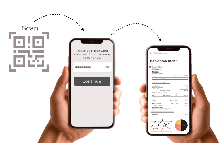 User scanning dynamic QR code and entering password to securely access sensitive documents such as bank statements.
