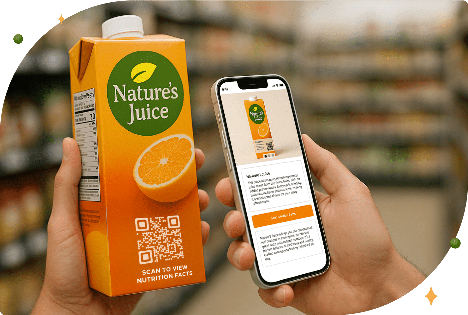 Customer scanning the QR Code on a beverage pack to know more about the product.