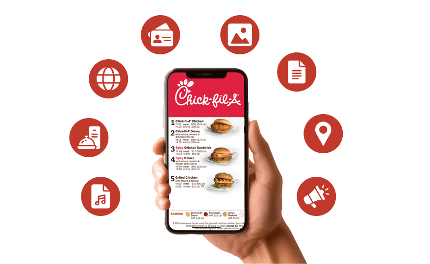 Screen showing Chick-fil-A page surrounded by QR code category icons, highlighting Scanova's competitive QR code pricing.