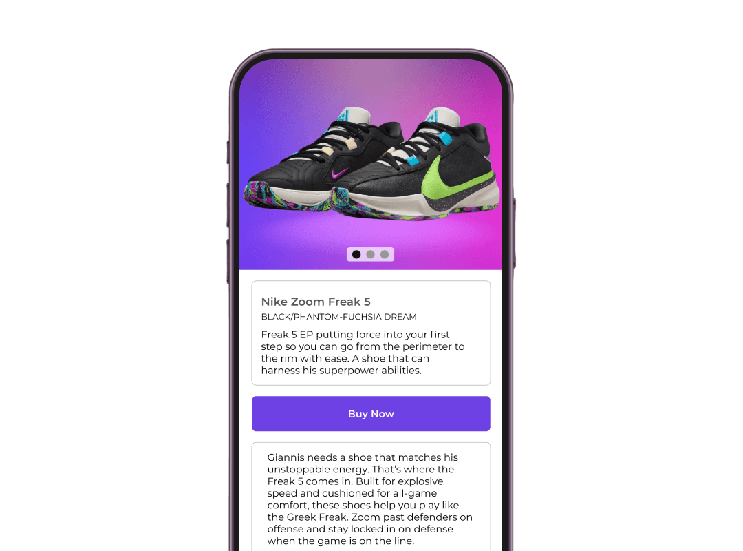 Écran mobile affichant des chaussures Nike avec une option «Acheter maintenant»; Scannez le type de produit du code du code pour engager une expérience d'achat.