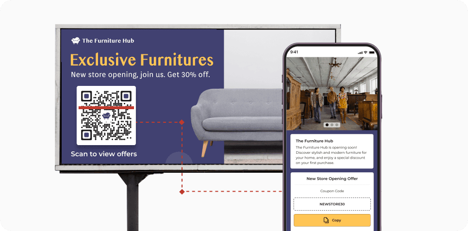 Potential buyer scanning the QR Code on a billboard to access store details and coupon code