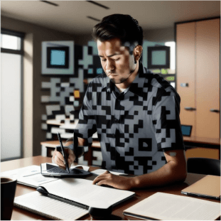 Example of AI-generated customized QR code by Scanova, showing a man and his dogs by a river with mountains and trees.