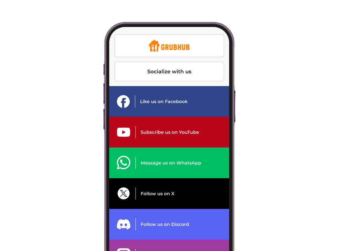 Smartphone affichant les liens de médias sociaux de Scanova; La numérisation du code QR redirige vers une page de destination avec tous les profils sociaux