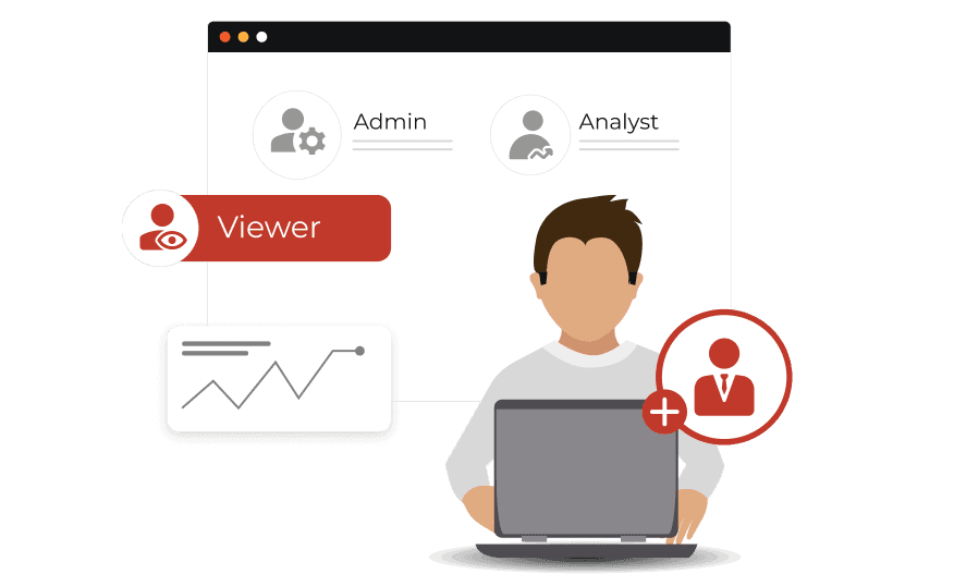 Illustration of a man facilitating team collaboration by adding members and assigning detailed permissions for each role.