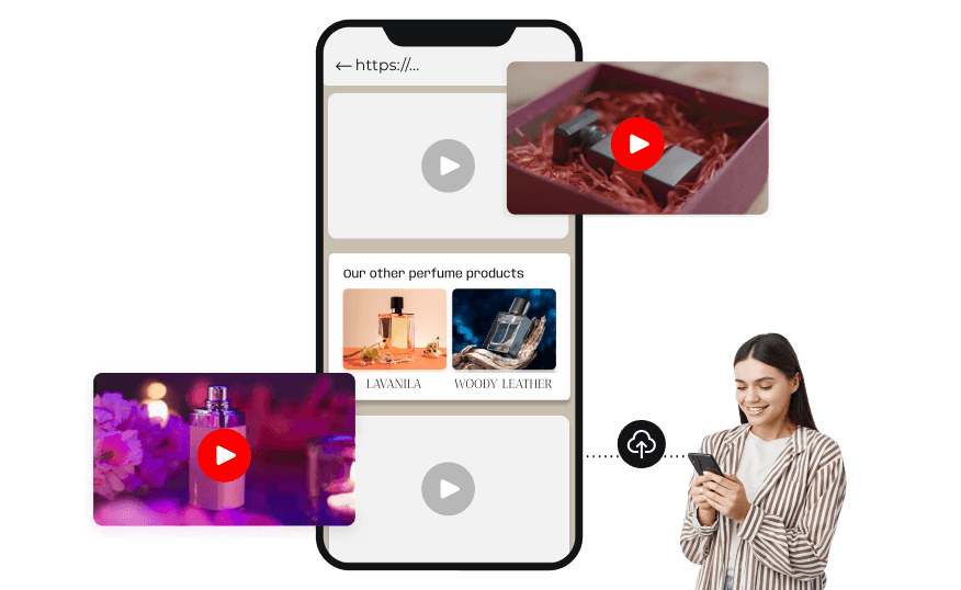 A woman uploading videos directly to a landing page, boosting interaction with Scanova's enterprise QR code generator.