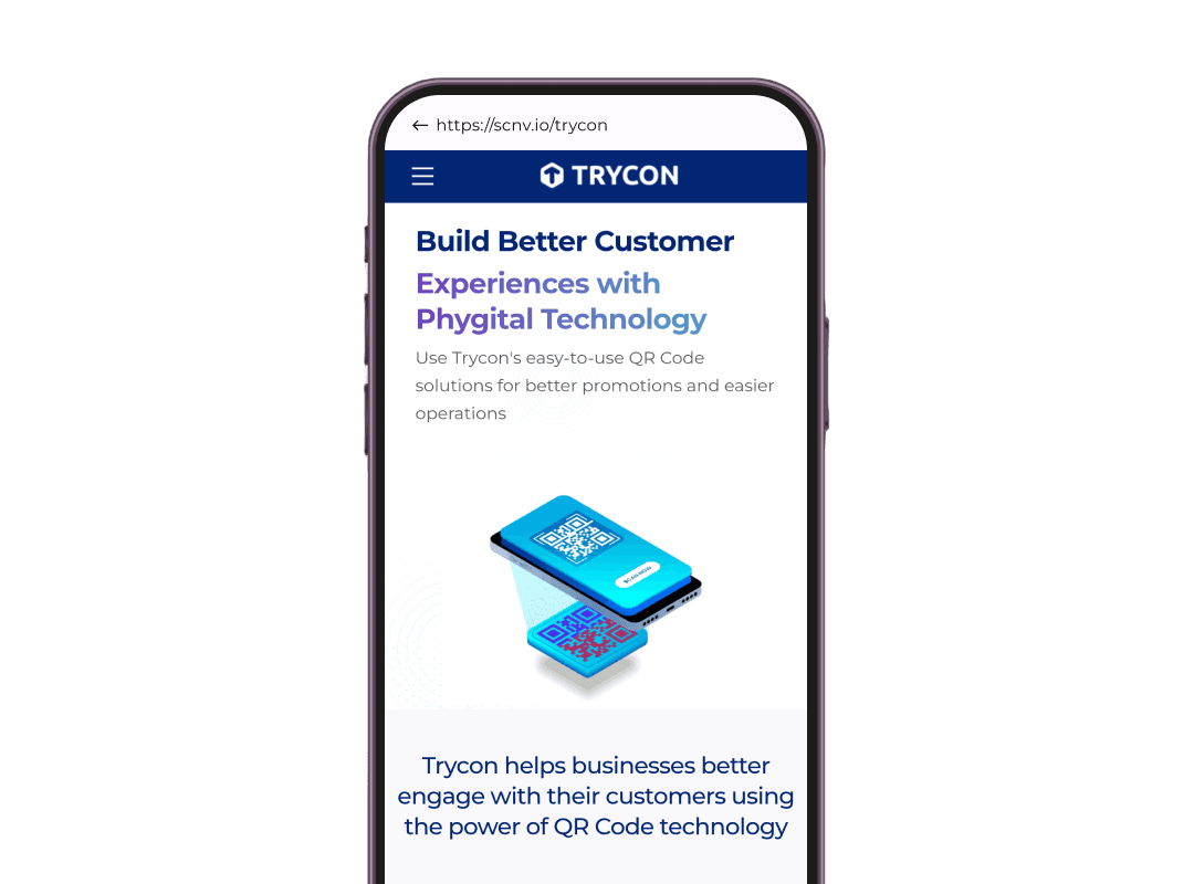 Écran de smartphone affichant le site Web de TryCon comme numérisant le QR redirige les utilisateurs vers le site pour le contenu du code QR ciblé.