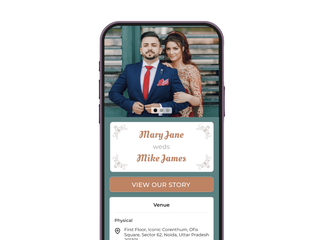 Mobile affichant les détails de l'invitation de mariage avec le contenu du code QR pour ajouter un événement au calendrier et au RSVP pour un accès à l'emplacement facile.