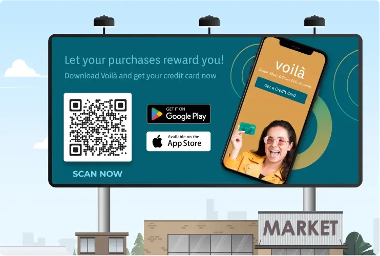 Billboard featuring a mobile screen with a girl holding a Voilá card and a QR code for app download, boosting engagement.