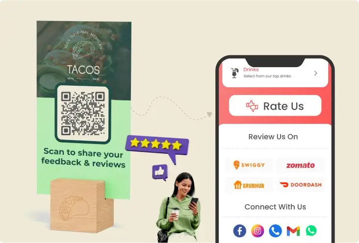 QR code on restaurant card for feedback, with a girl using phone to review and access support, enhancing customer retention.