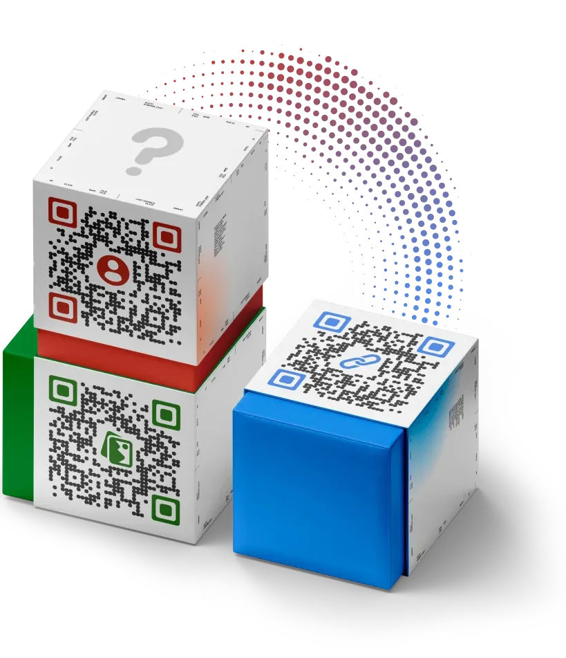 Les cubes colorés avec divers codes QR et un point d'interrogation en haut, représentent les doutes des débutants sur le générateur de code QR.