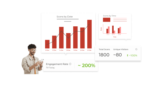 Man reviewing QR code metrics on phone, analyzing data like scans by date and location for tracking and improving campaigns.